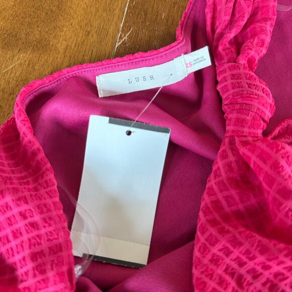 Lush Hot Pink One Shoulder Smocked Waist‎ Tiered Mini Dress Sz XS Barbie Y2K - Picture 6 of 12